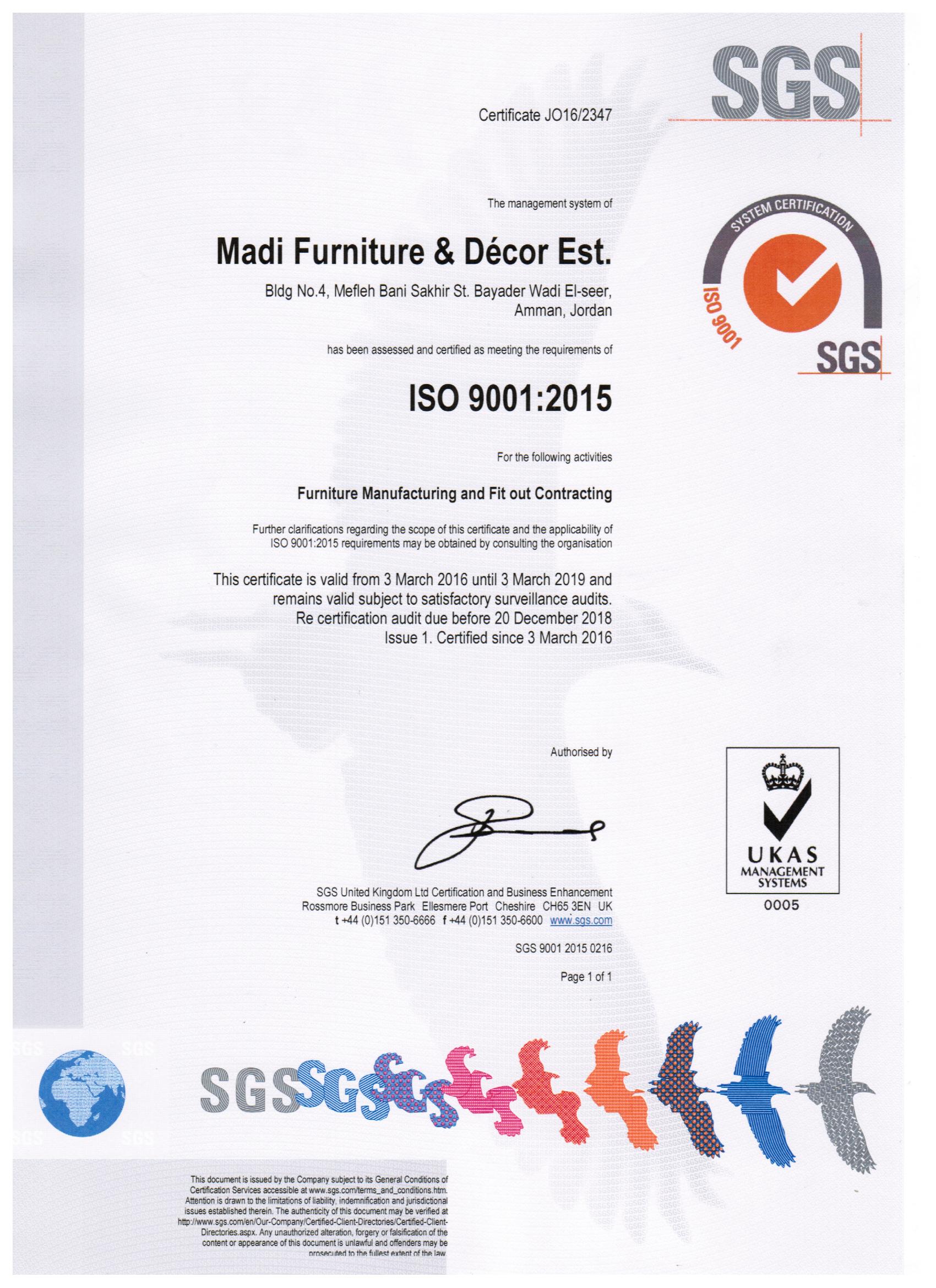 ISO 9001 Madi Furniture & Décor Est.